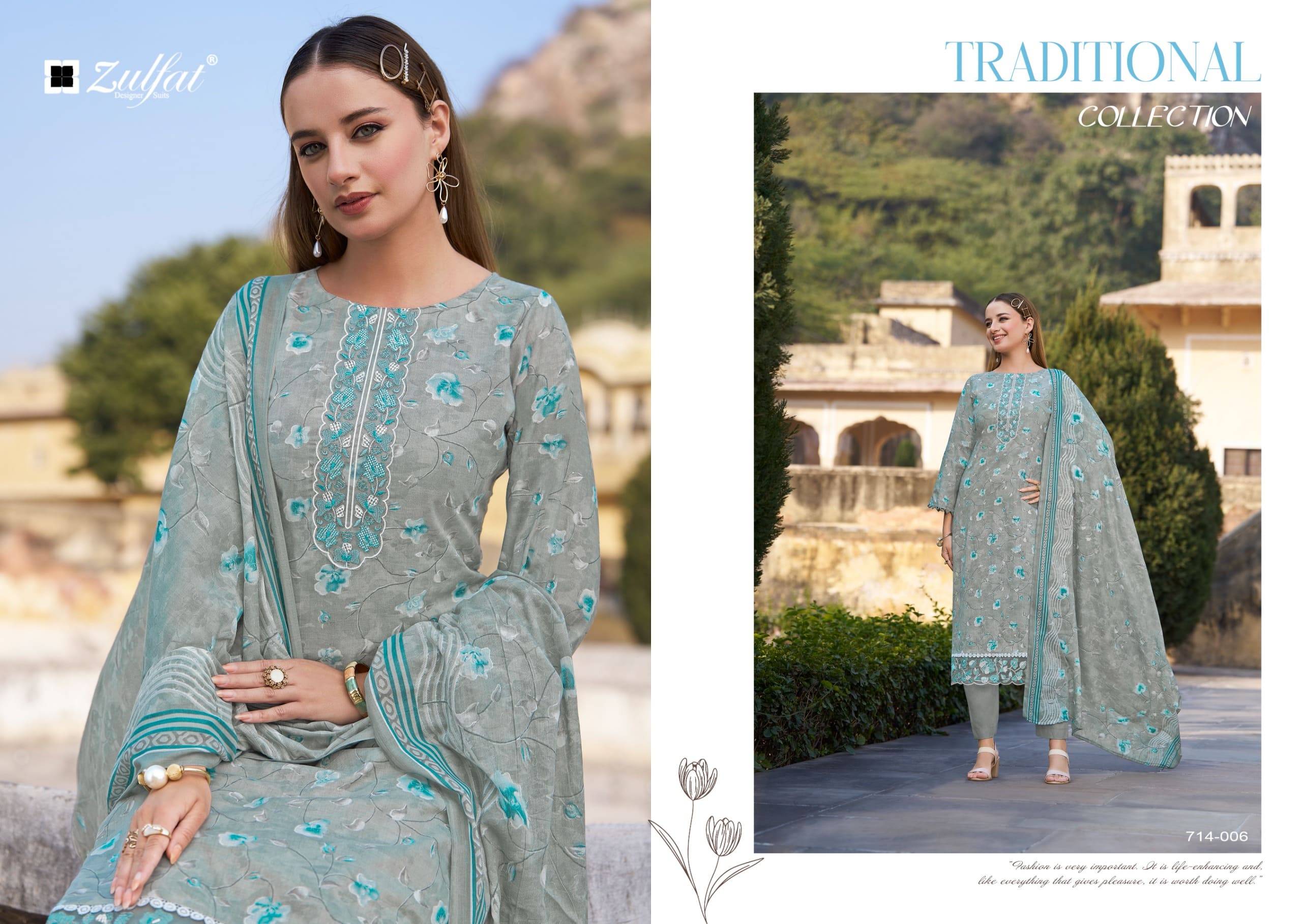 Mashuqa by zulfat  714-001 to 714-006 Series Beautiful Festive Suits Stylish Fancy Colorful Casual Wear & Ethnic Wear Pure Jam Cotton Dresses At Wholesale Price